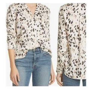 Women's Rails XL Cream Black Animal Print 100% Silk Button Down Shirt